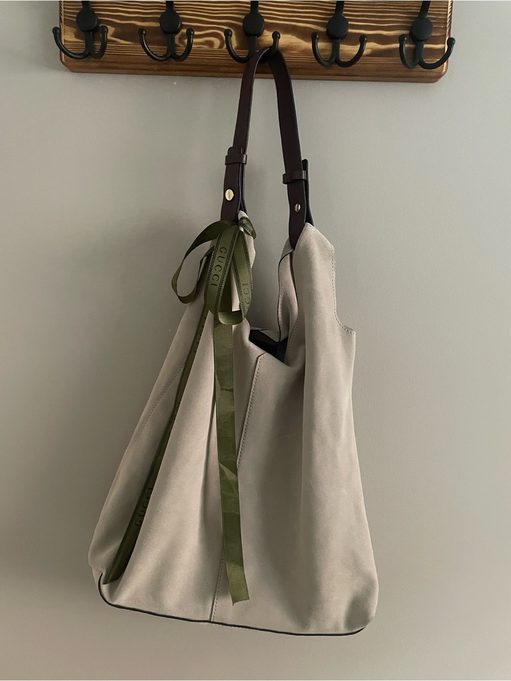 Suede Tote with Olive Ribbon and Brown Leather Straps